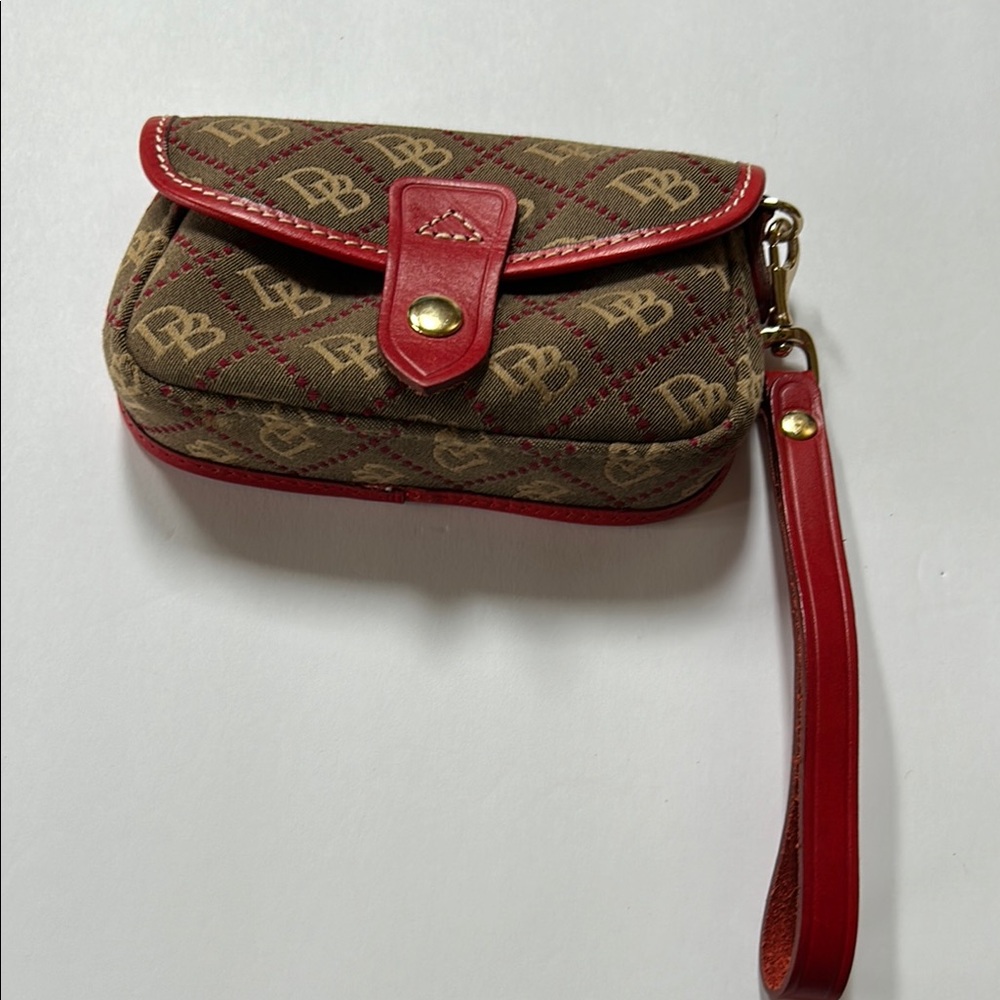 Dooney & Bourke Red and Brown monogram W/Red leather Wristlet-NWOTS